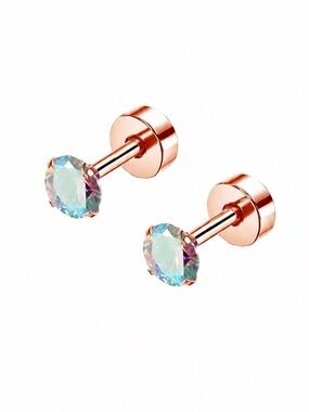 Rose Gold Iridescent CZ Flat Back Stud Earrings 4mm 20G Cartilage Tragus